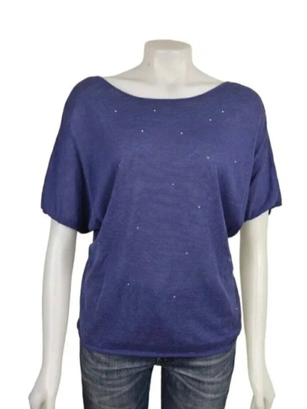 Des  Petits Hauts Linen Purple V Back Bat Wing Embellished Sweater